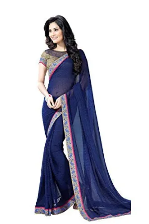 Oomph! Women's Chiffon Sarees Party Wear/Fancy Chiffon Sarees/Printed Chiffon Sarees - Indigo Blue