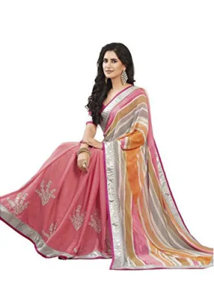 Oomph! Women's Georgette Sarees Party Wear/Fancy Georgette Sarees/Embroidered Georgette Sarees - Rose &amp; Crepe::Peach