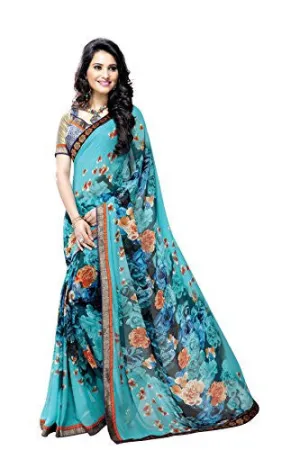 Oomph! Women's Georgette Sarees Party Wear/Fancy Georgette Sarees/Printed Georgette Sarees - Cerulean Blue