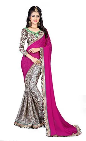 Oomph! Women's Georgette Sarees Party Wear/Fancy Georgette Sarees/Printed Georgette Sarees - Magenta &amp; Porpoise Grey