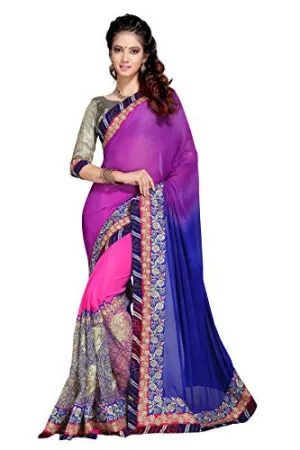 Oomph! Women's Georgette Sarees Party Wear/Fancy Georgette Sarees/Printed Georgette Sarees - Purple &amp; Azure Blue::Bubblegum Pink