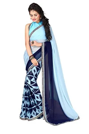 Oomph! Women's Georgette Sarees Party Wear/Fancy Georgette Sarees/Printed Georgette Sarees - Sku Blue &amp; Denim Blue