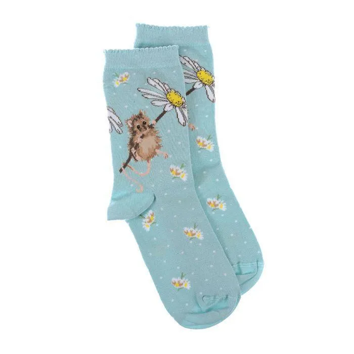 Oops A Daisy, Mouse (Aqua) Women's Bamboo Crew Socks