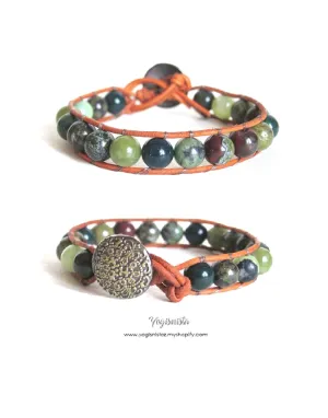 Opal Bloodstone Jasper Mix Leather Single Wrap Bracelet