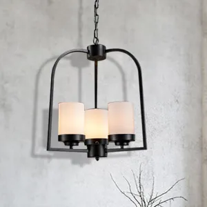 Opal Glass Industrial Chandelier - Matte Black, 3 Light Dining Room Hanging Lamp