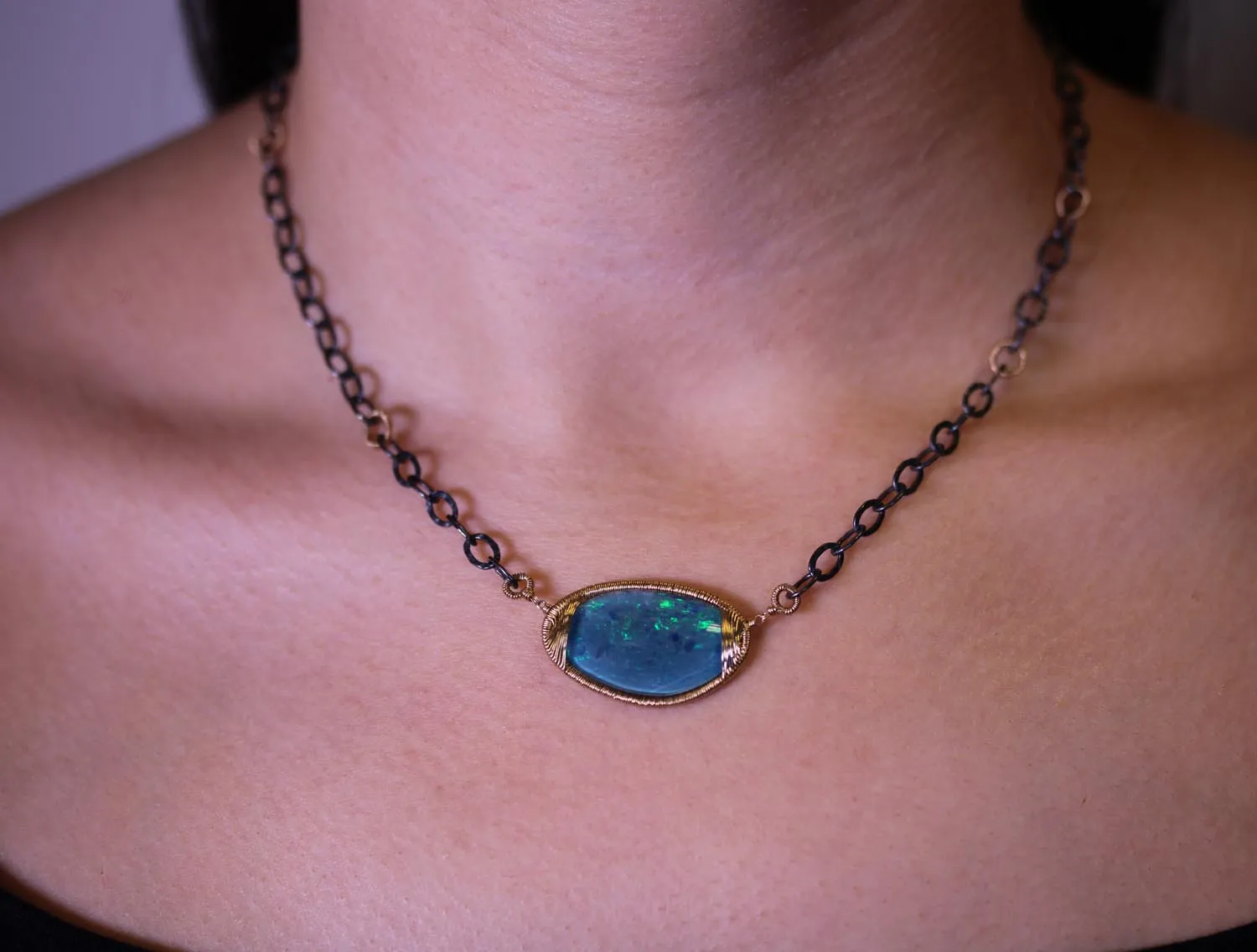 Opal Pendant with Oval Link Necklace