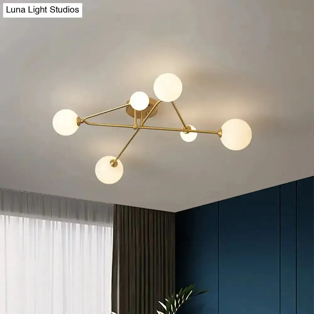 Opaline Glass Semi-Mount Ceiling Lamp in Gold for Living Room