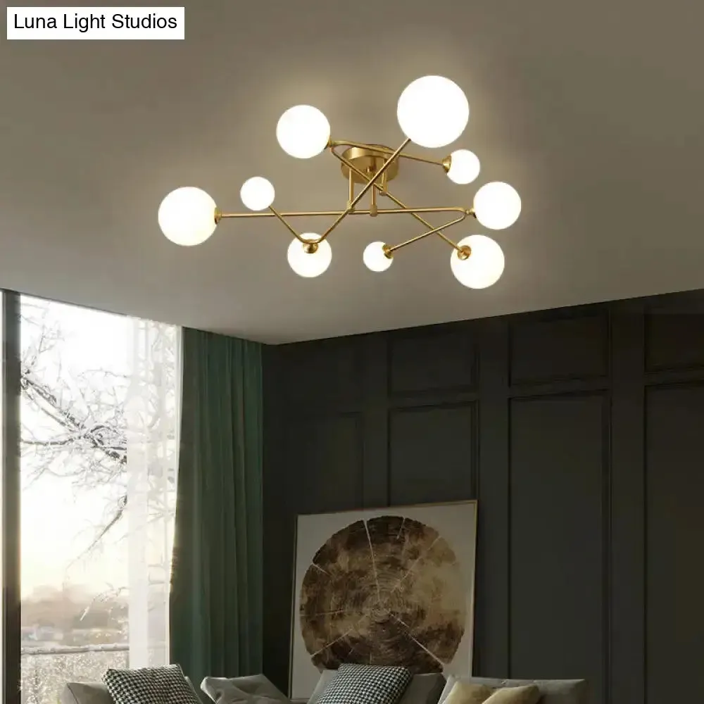 Opaline Glass Semi-Mount Ceiling Lamp in Gold for Living Room