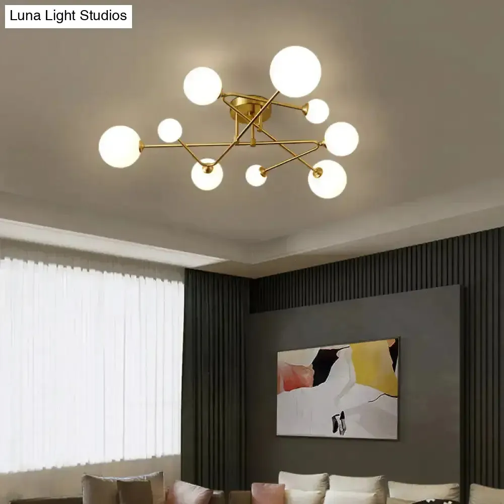 Opaline Glass Semi-Mount Ceiling Lamp in Gold for Living Room