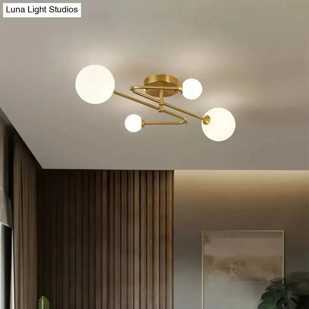 Opaline Glass Semi-Mount Ceiling Lamp in Gold for Living Room