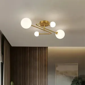 Opaline Glass Semi-Mount Ceiling Lamp in Gold for Living Room