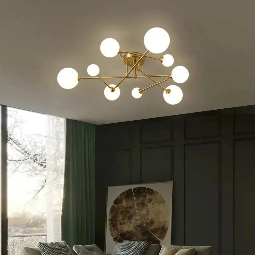 Opaline Glass Semi-Mount Ceiling Lamp in Gold for Living Room