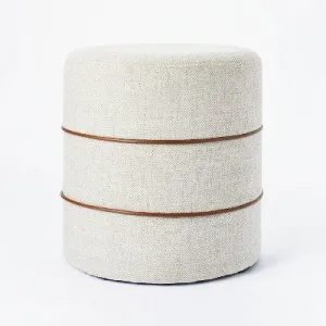 Open Box - Catalina Round Ottoman Cream with Leather Piping Threshold designed Studio McGee