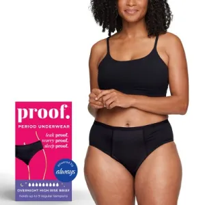 Open Box - Proof. by Always Women's High-Rise Briefs, Overnight Absorbency Period Underwear - X-Large - Black