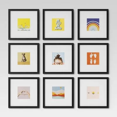 Open Box - Set of 9 Gallery Frame Set 10" x 10" Matted to 5" x 5" Black - Room Essentials