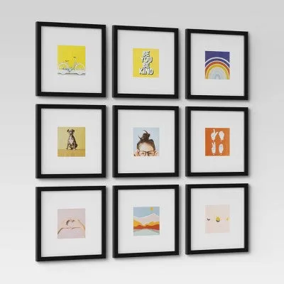 Open Box - Set of 9 Gallery Frame Set 10" x 10" Matted to 5" x 5" Black - Room Essentials