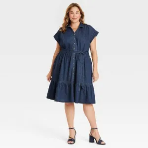 Open Box - Women's Short Sleeve Denim Tiered Midi A-Line Dress - Ava & Viv Dark Wash 1X