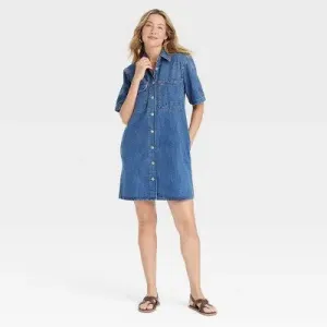 Open Box - Women's Short Sleeve Mini Shirtdress - Universal Thread Blue M