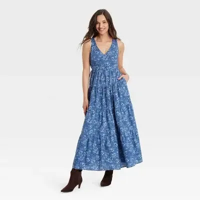 Open Box - Women's Tiered Maxi A-Line Dress - Universal Thread Blue Floral S