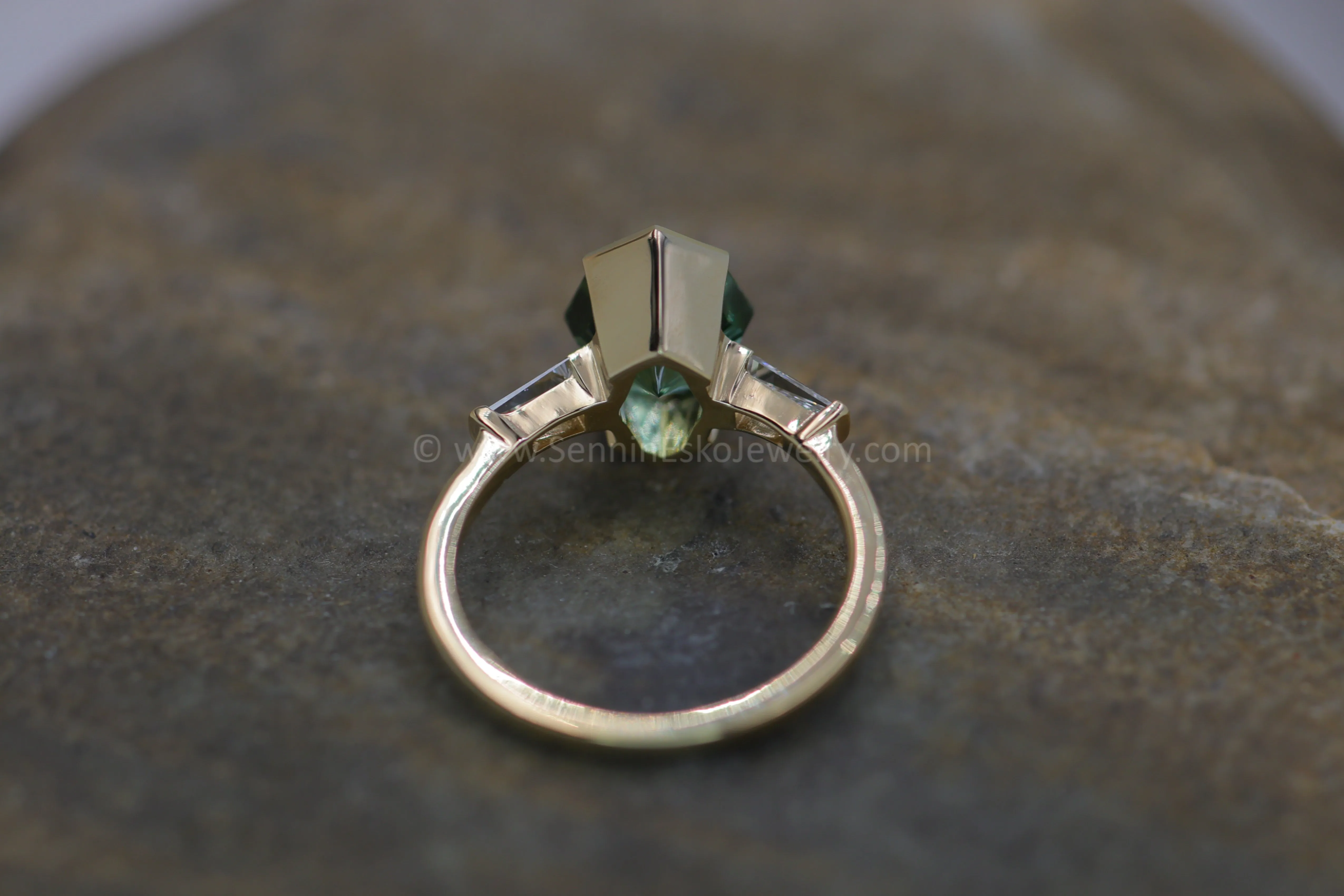 Open Channel Set Ring with Tapered Diamond Baguettes in 14kt Yellow Gold - Depicted with a 2.6 Carat Mint Tourmaline (Setting Only, Center Stone Sold Separately)