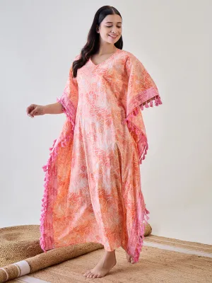 Orange Abstract Floral Pink Tasseled Cotton Kaftan Nightdress