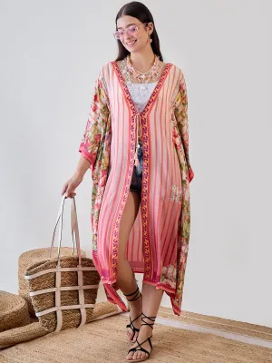 Orange Abstract Striped Viscose Kaftan Resort Coverup