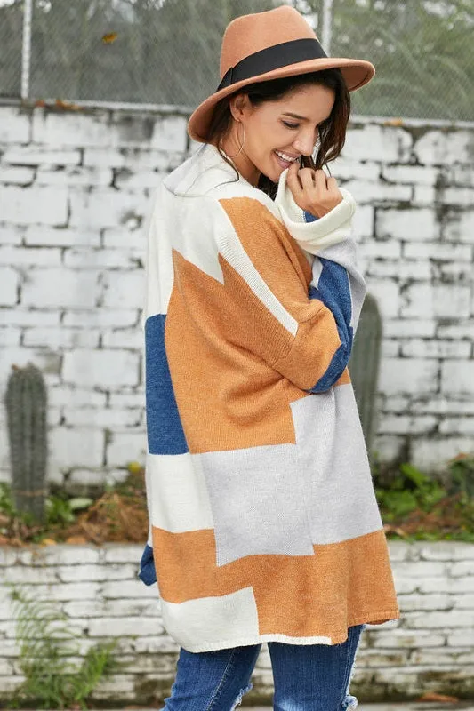 Orange & Blue Color Block Flare-Sleeve Open Cardigan