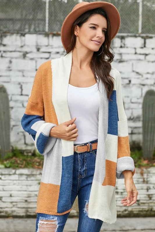 Orange & Blue Color Block Flare-Sleeve Open Cardigan