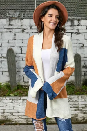 Orange & Blue Color Block Flare-Sleeve Open Cardigan