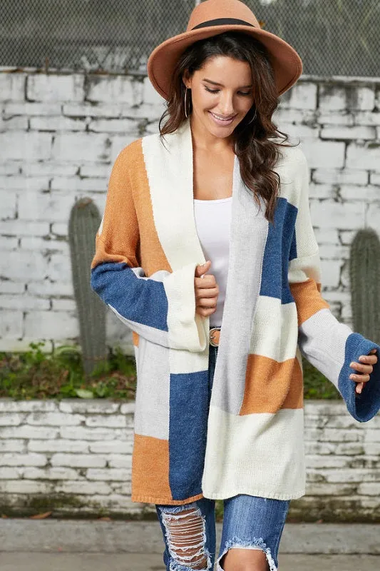 Orange & Blue Color Block Flare-Sleeve Open Cardigan