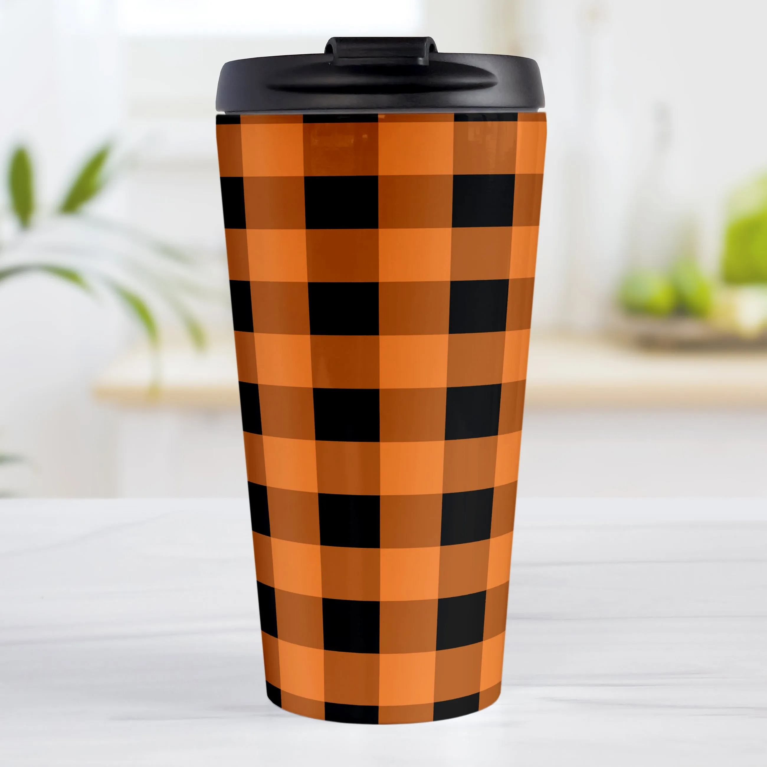 Orange and Black Buffalo Plaid Travel Mug