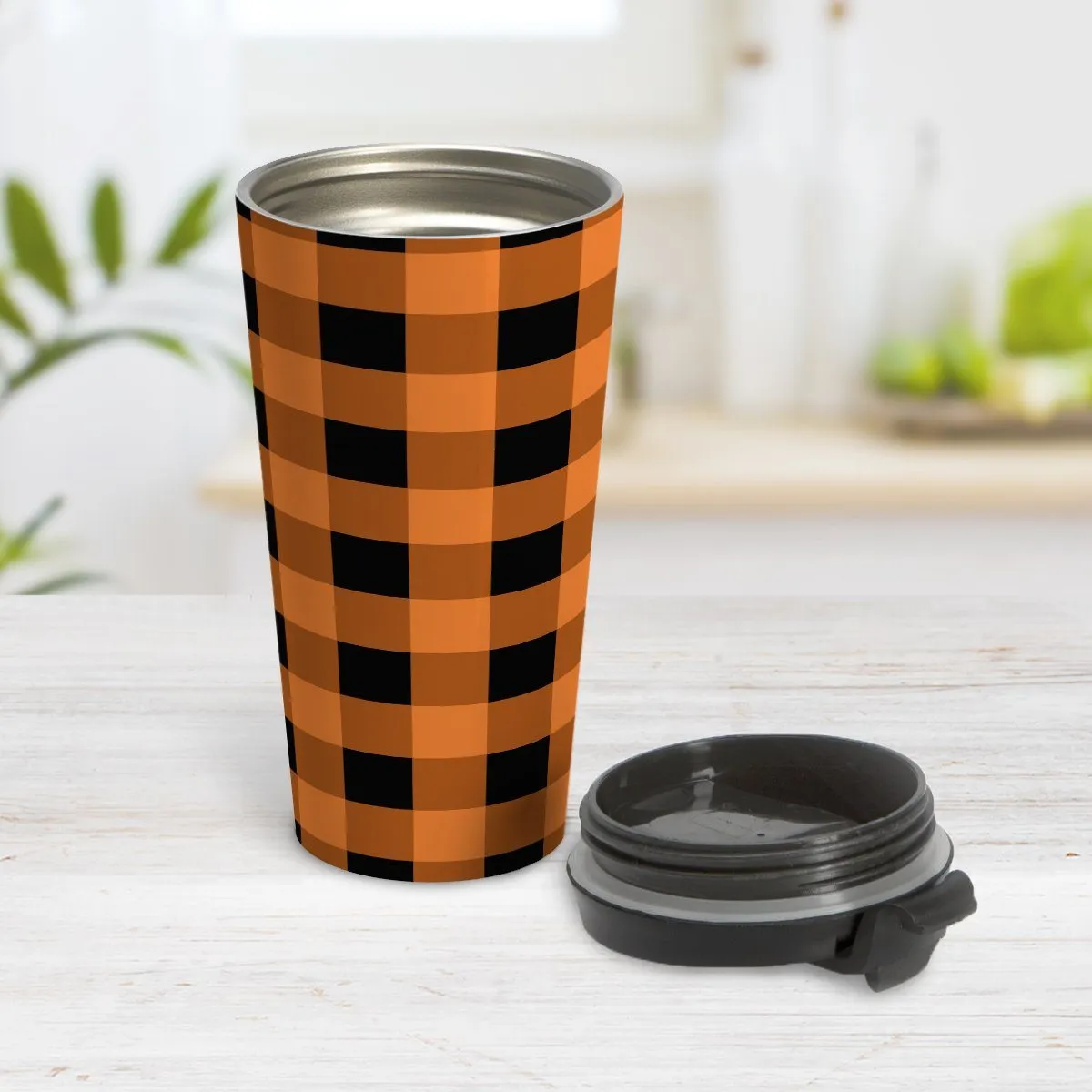 Orange and Black Buffalo Plaid Travel Mug