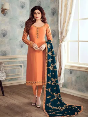 Orange And Blue Ethnic Embroidered Churidar Suit