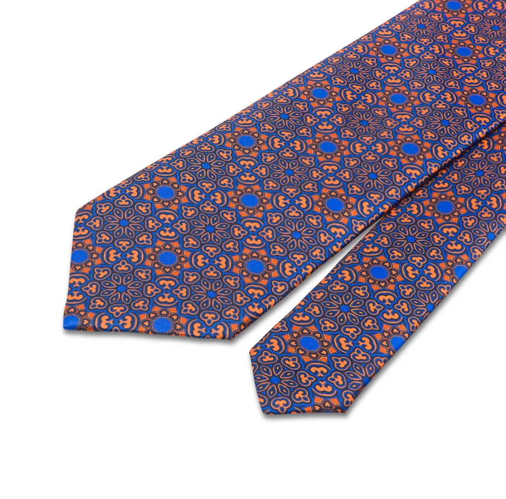 Orange and Blue Medieval Flowers Duchesse Silk Tie