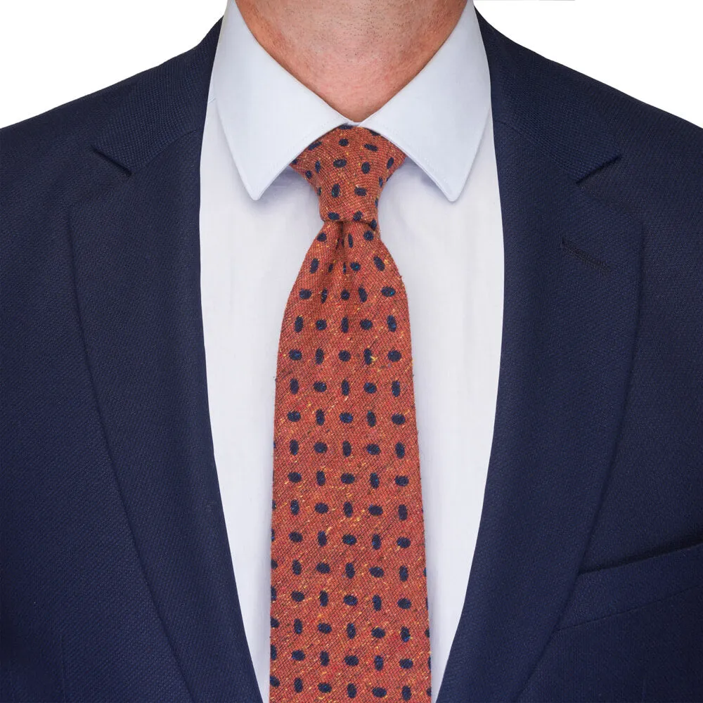 Orange and Blue Oval Motif Cotton Silk Wool Tie