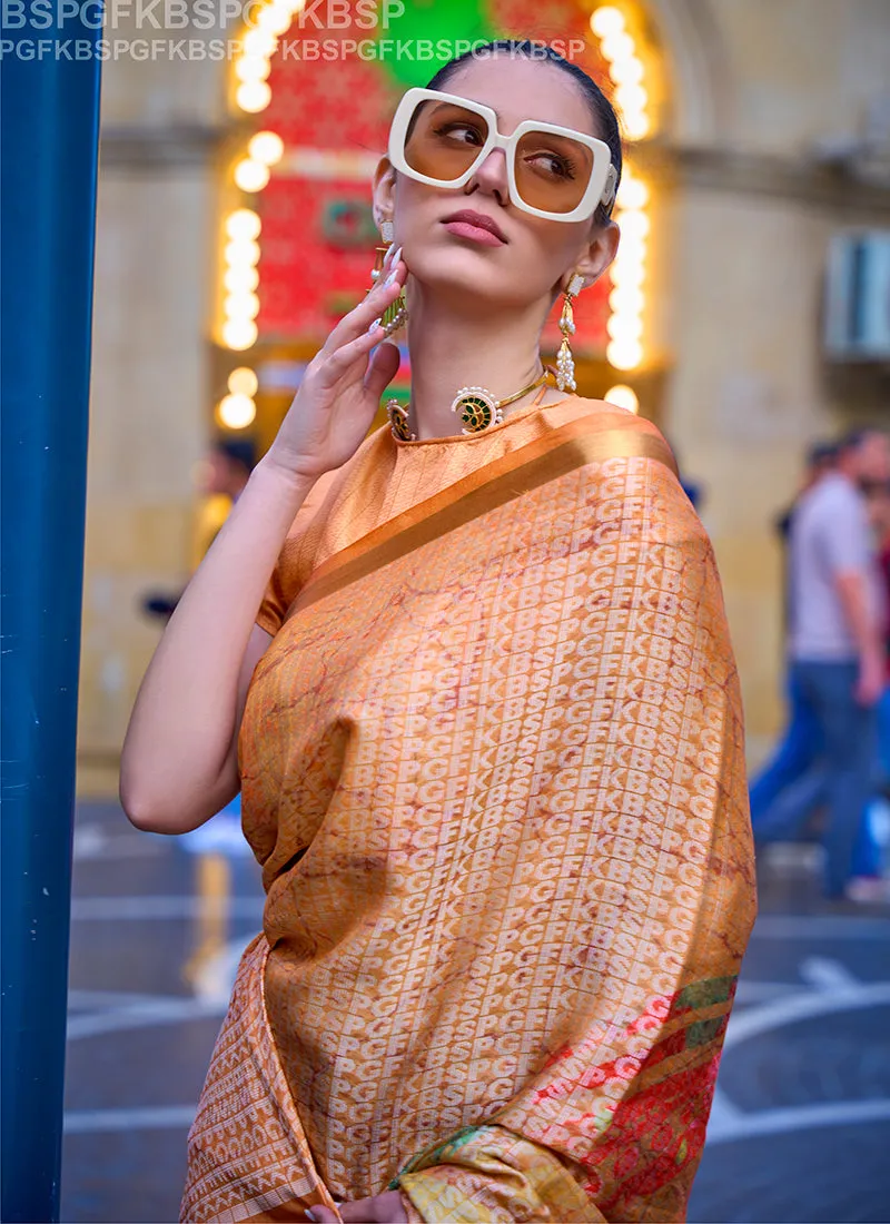 Orange And Blue Printed Handloom Woven Viscose Saree