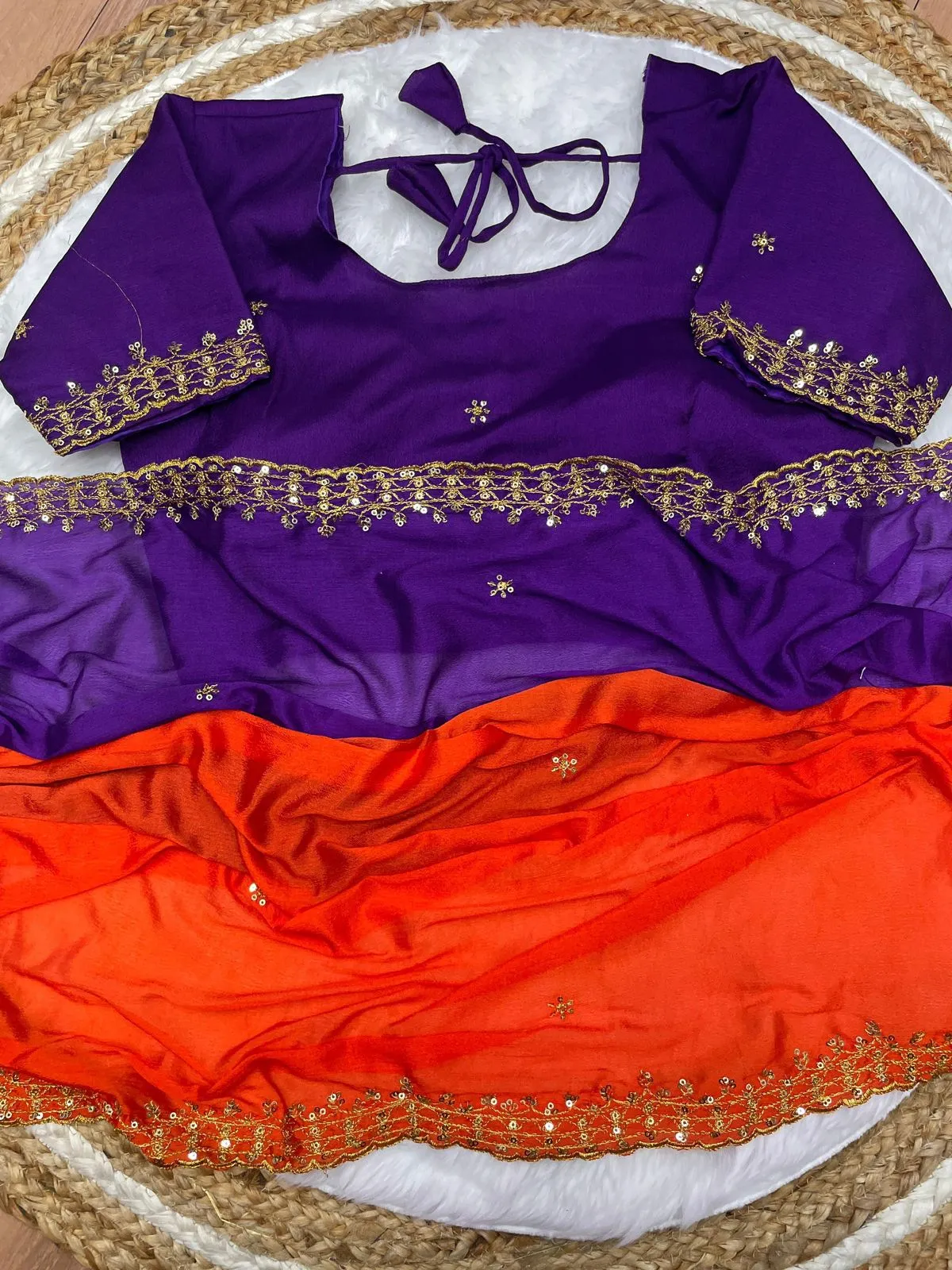 Orange and Blue Soft Hand-Dyed Chinnon Saree with Heavy Embroidery, Sequence, and Jari Work