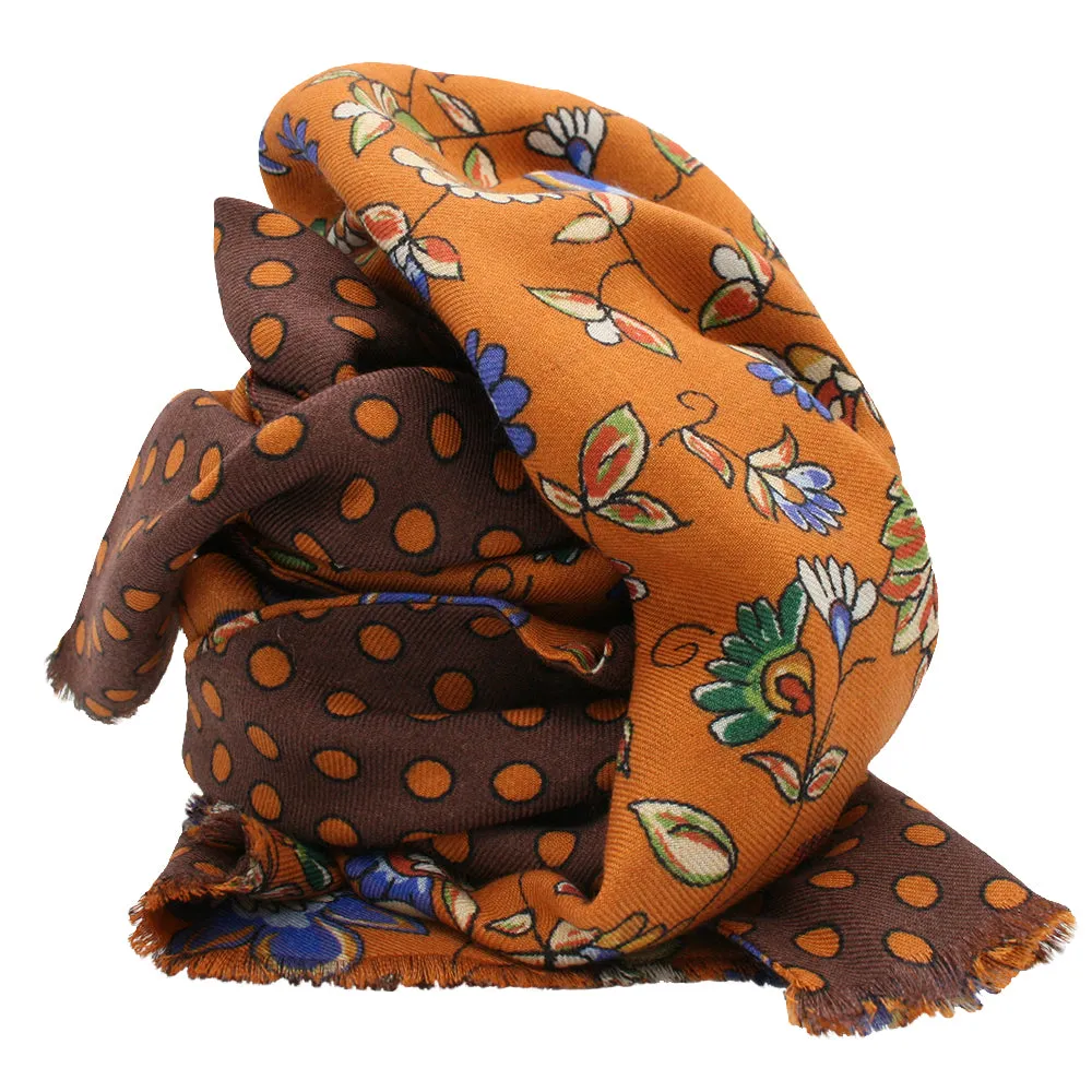 Orange and brown double floral cashmere-silk scarf