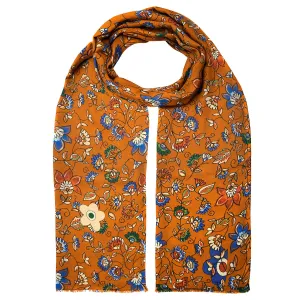 Orange and brown double floral cashmere-silk scarf