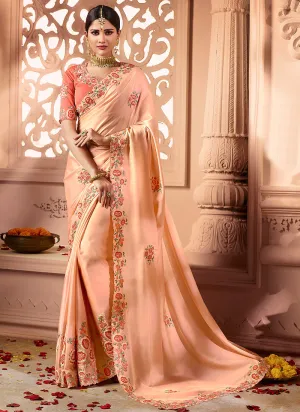 Orange And Peach Traditional Multi Embroidered Designer Silk Saree