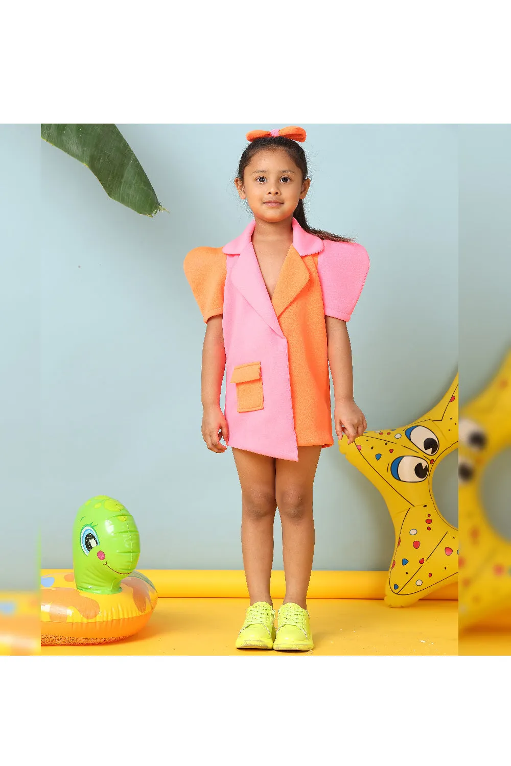 Orange and pink neon color asymmetrical coat dress