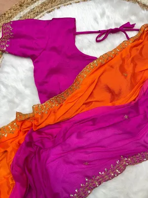 Orange and Pink Soft Hand-Dyed Chinnon Saree with Heavy Embroidery, Sequence, and Jari Work