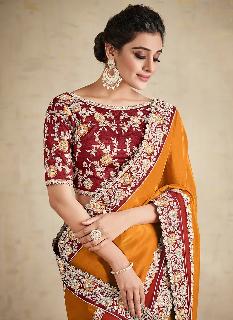 Orange And Red Embroidered Traditional Wedding Saree