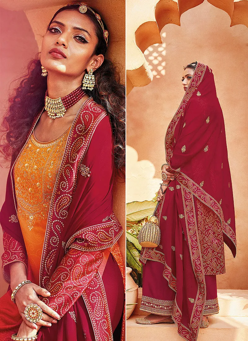 Orange And Red Ethnic Embroidered Festive Palazzo Suit