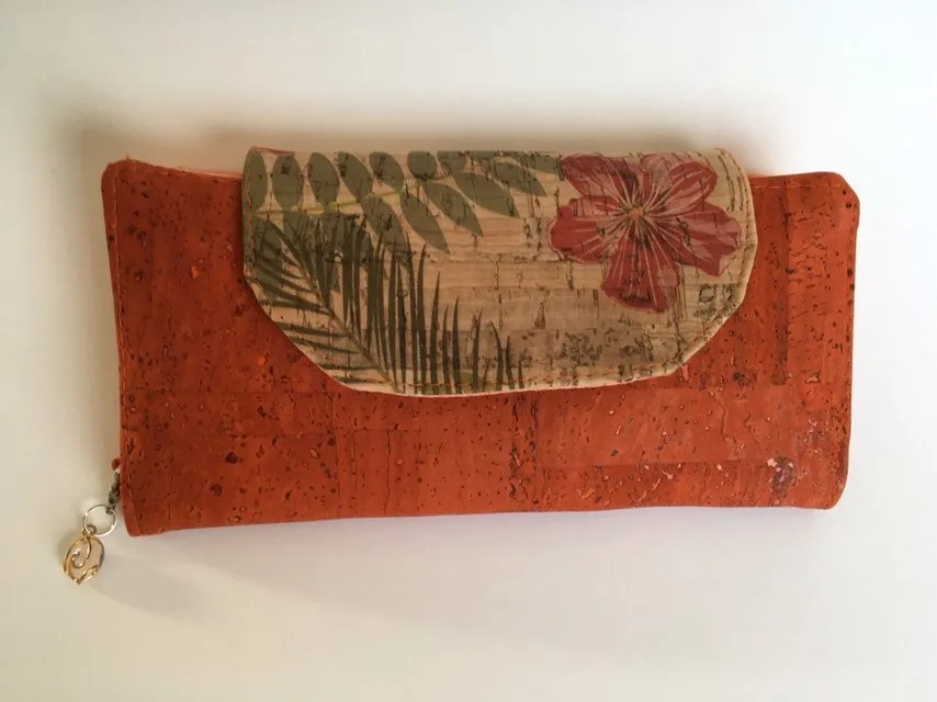 Orange and Tropical Floral Cork Wallet Women's Wallet, Slimline Wallet, Vegan Wallet