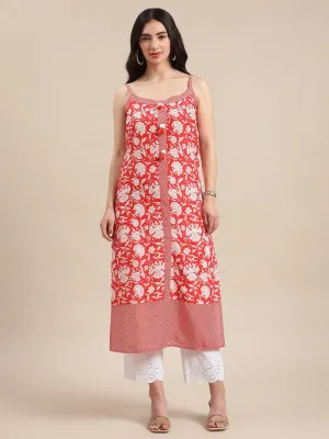 Orange And White Floral Printed Straight Kurta With Pom Pom Embellishment