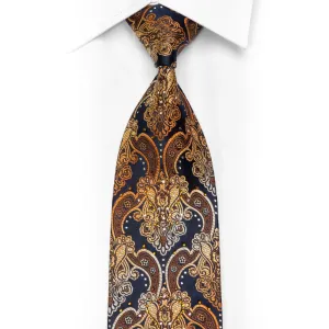 Orange Anthemion On Navy Rhinestone Silk Tie With Silver Sparkles