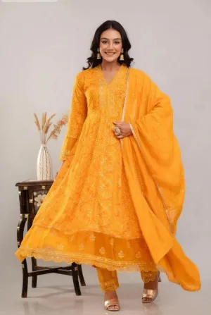 Orange Bandhani Anarkali Kurti Set with Embroidered Neckline & Organza - Soft Rayon, Organza Details - Elegant Sequin & Lace Work - Perfect for Occasions