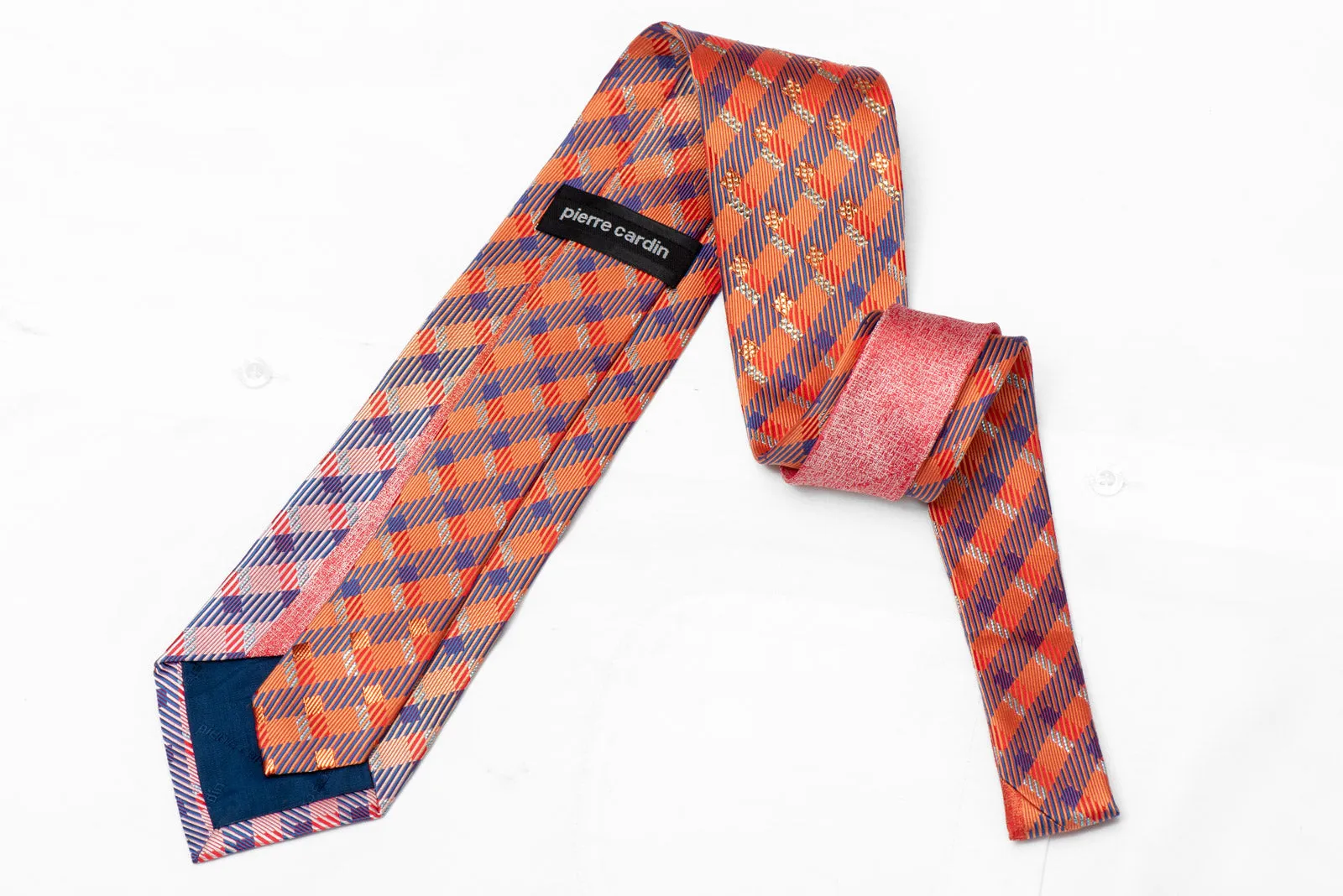 Orange Blue Checkered Rhinestone Silk Necktie With Silver Sparkles