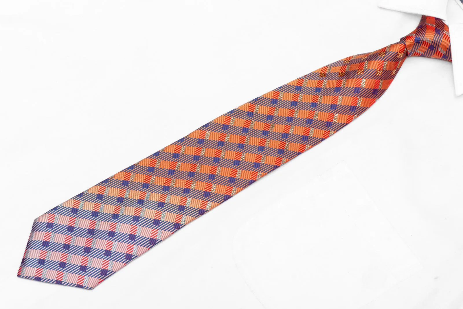 Orange Blue Checkered Rhinestone Silk Necktie With Silver Sparkles